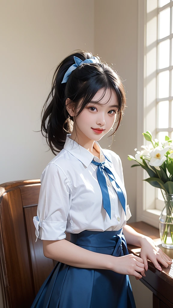 masterpiece, Highest quality, High resolution, Very detailed, Detailed Background,(Fraurem Chrome, (Black Hair, Semi-long hair, Blue ribbon in ponytail),(White blouse, Blue short ribbon tie, Blue long skirt), small, Neat, Iris,study, A kind smile), Scale out, Chic study, vase