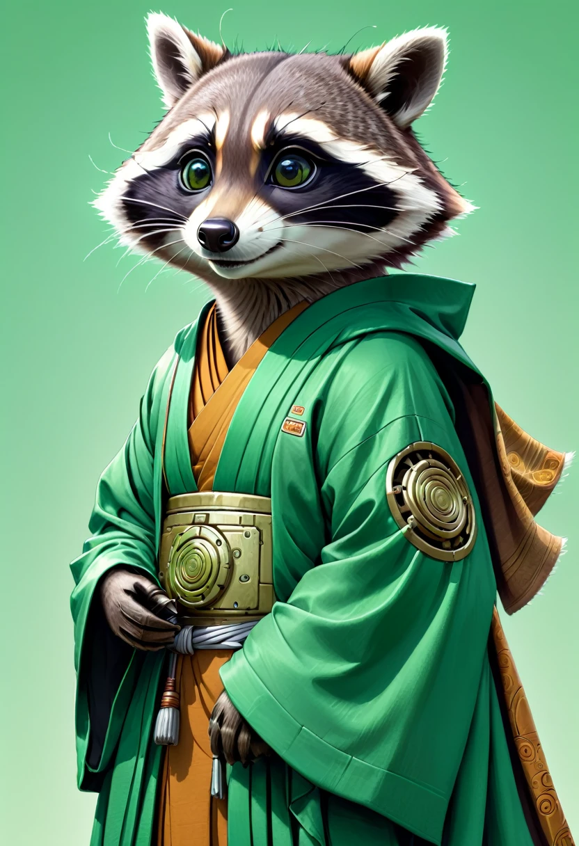 Masterpiece, best quality, an anthropomorphic robot raccoon wearing Buddhist monk robes, with half of its face showing robotic components, complete green background, drawn by pencil, digital art, art by Hiromu Arakawa, Osamu Tezuka, 8K, beautiful drawing, highly detailed, concept art, sharp focus, ultra-realistic illustration, anime++