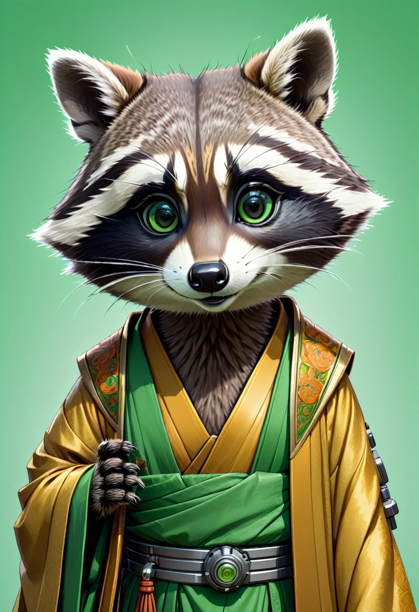 Masterpiece, best quality, an anthropomorphic robot raccoon wearing Buddhist monk robes, with half of its face showing robotic components, complete green background, drawn by pencil, digital art, art by Hiromu Arakawa, Osamu Tezuka, 8K, beautiful drawing, highly detailed, concept art, sharp focus, ultra-realistic illustration, anime++