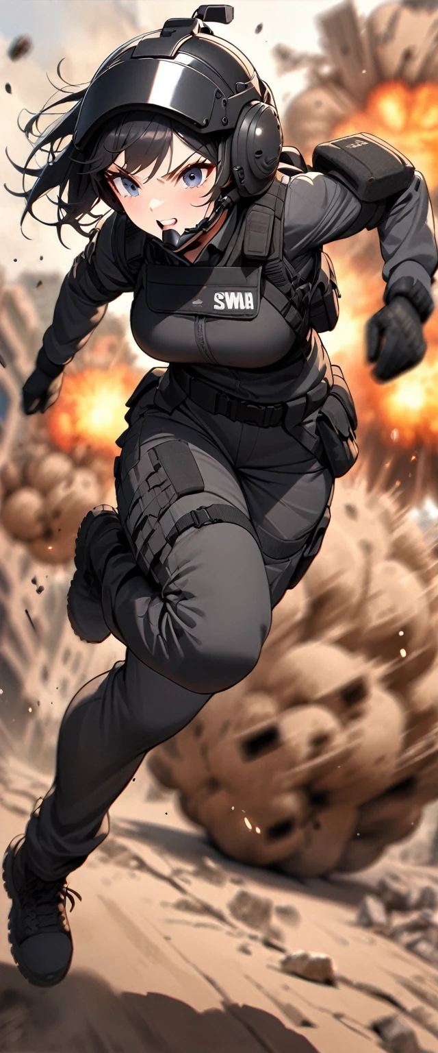 (masterpiece),(Highest quality),(High resolution),(Very detailed),One Woman,Japanese,Black Hair,Short Bob,Beautiful Eyes,Long eyelashes,Beautiful Hair,Beautiful Skin,strict,whole body,break(((Huge explosion behind woman))),narrowly escape the explosion,(Dynamic Movement),((Small machine gun)),SWAT Uniforms,Black bulletproof vest, Combat Boots,Black Tactical Forster,Tactical Headset,Tactical Helmet,(The background is the rubble of ruins),(((Background Blur)))