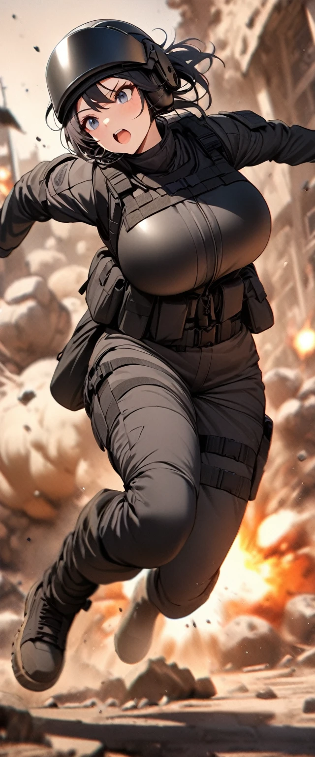 (masterpiece),(Highest quality),(High resolution),(Very detailed),One Woman,Japanese,Black Hair,Short Bob,Beautiful Eyes,Long eyelashes,Beautiful Hair,Beautiful Skin,strict,whole body,break(((Huge explosion behind woman))),narrowly escape the explosion,(Dynamic Movement),((Small machine gun)),SWAT Uniforms,Black bulletproof vest, Combat Boots,Black Tactical Forster,Tactical Headset,Tactical Helmet,(The background is the rubble of ruins),(((Background Blur)))