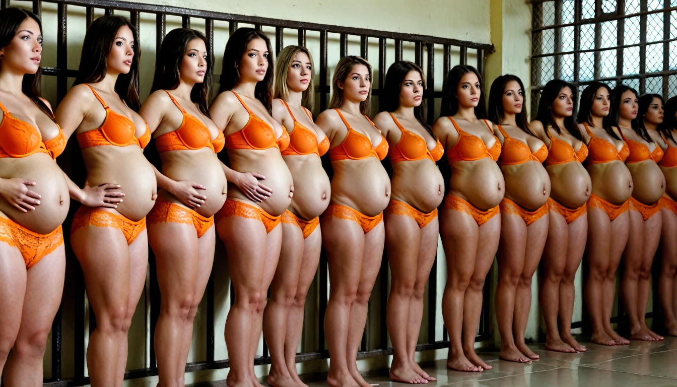 ((best quality)), ((masterpiece)), (detailed), a crowd of beautiful Ecuador women line up tight in a prison hall, women wearing orange prison bra lace panties who are heavily pregnant, their bellies is showing. women standing in a tight line in a room behind prison-like bars., full body, extremely detailed,high quality, cinematic lighting,photorealistic,8k,masterpiece.