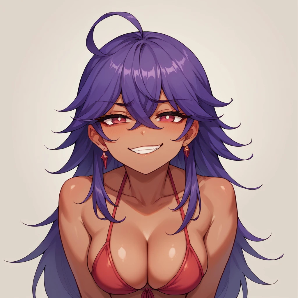 Pontuação_9 pontuação_8_acima, girl,hair long messy brown,eyes purple,bikini dark red,big tits,face smug