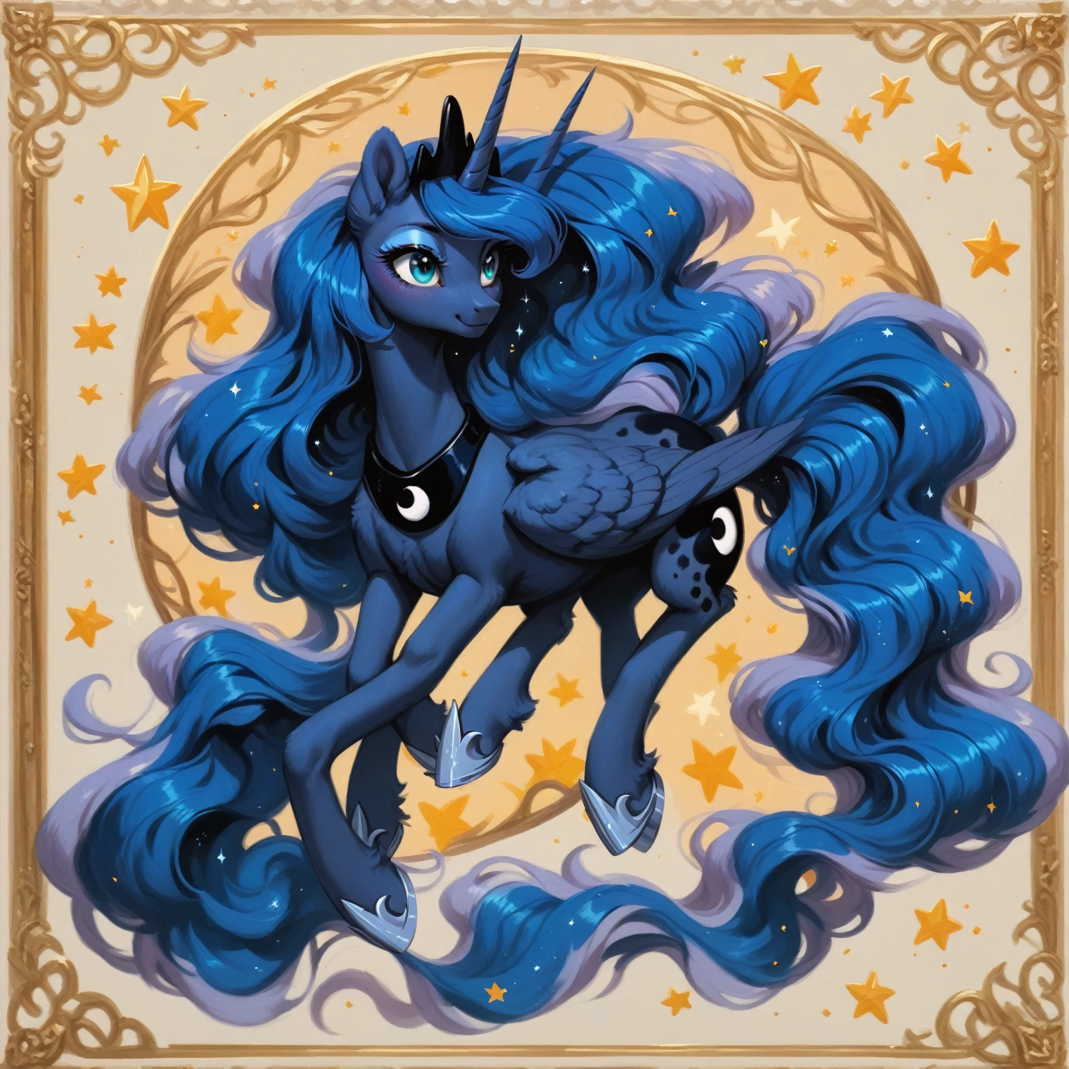 score_9, score_8_up, score_7_up, score_6_up, score_5_up, score_4_up, rating_safe, feral pony, princess luna, fluffy ears, smile, beautiful, pretty, eyeshadow, starry eyes, long mane，only 4 legs