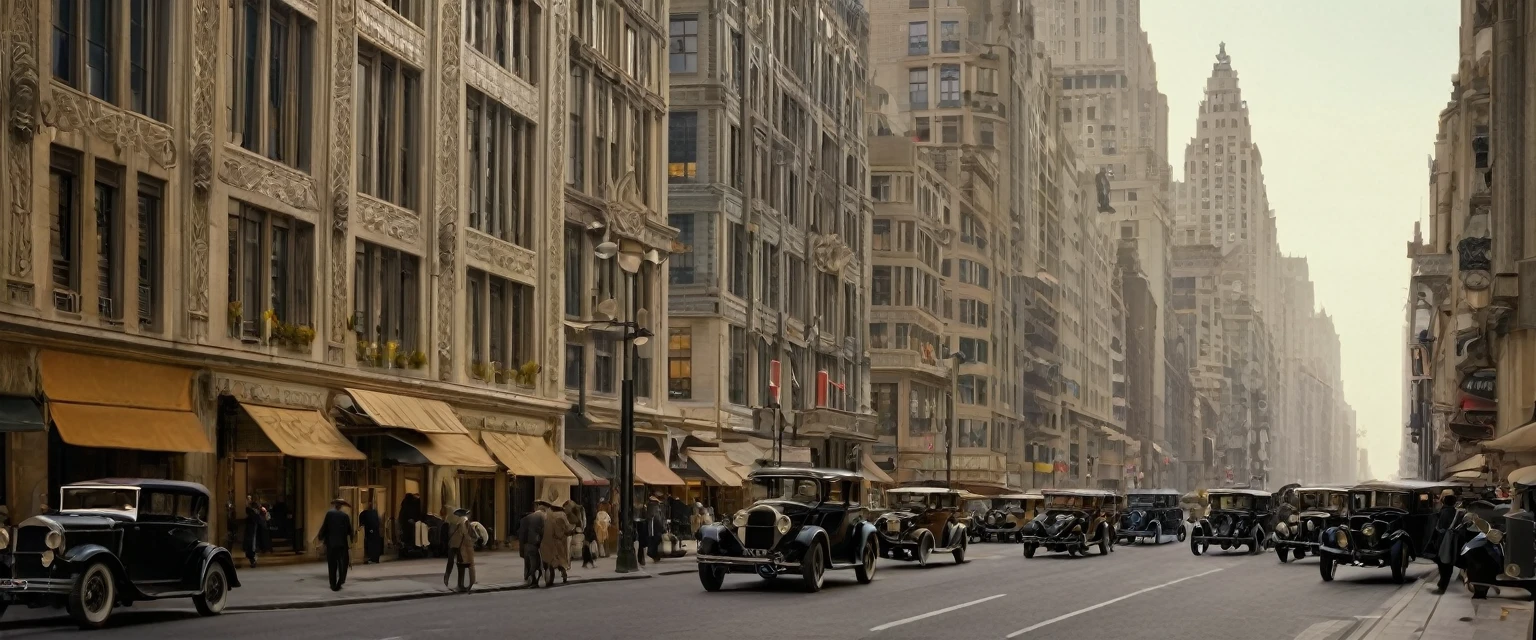 A bustling metropolis in the 1920s Art Deco style. Tall buildings with geometric shapes and ornate facades line the streets. Vintage cars and elegantly dressed pedestrians add to the atmosphere of sophistication and glamour