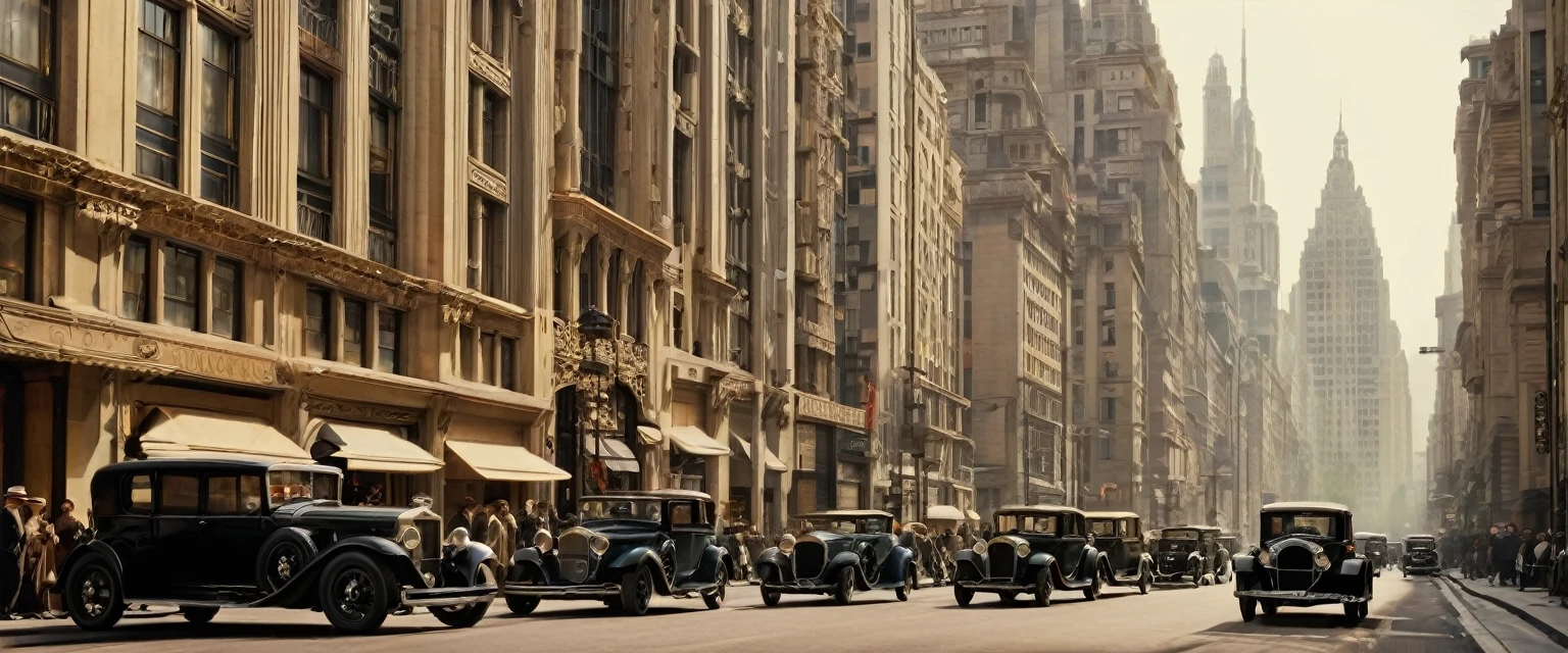 A bustling metropolis in the 1920s Art Deco style. Tall buildings with geometric shapes and ornate facades line the streets. Vintage cars and elegantly dressed pedestrians add to the atmosphere of sophistication and glamour