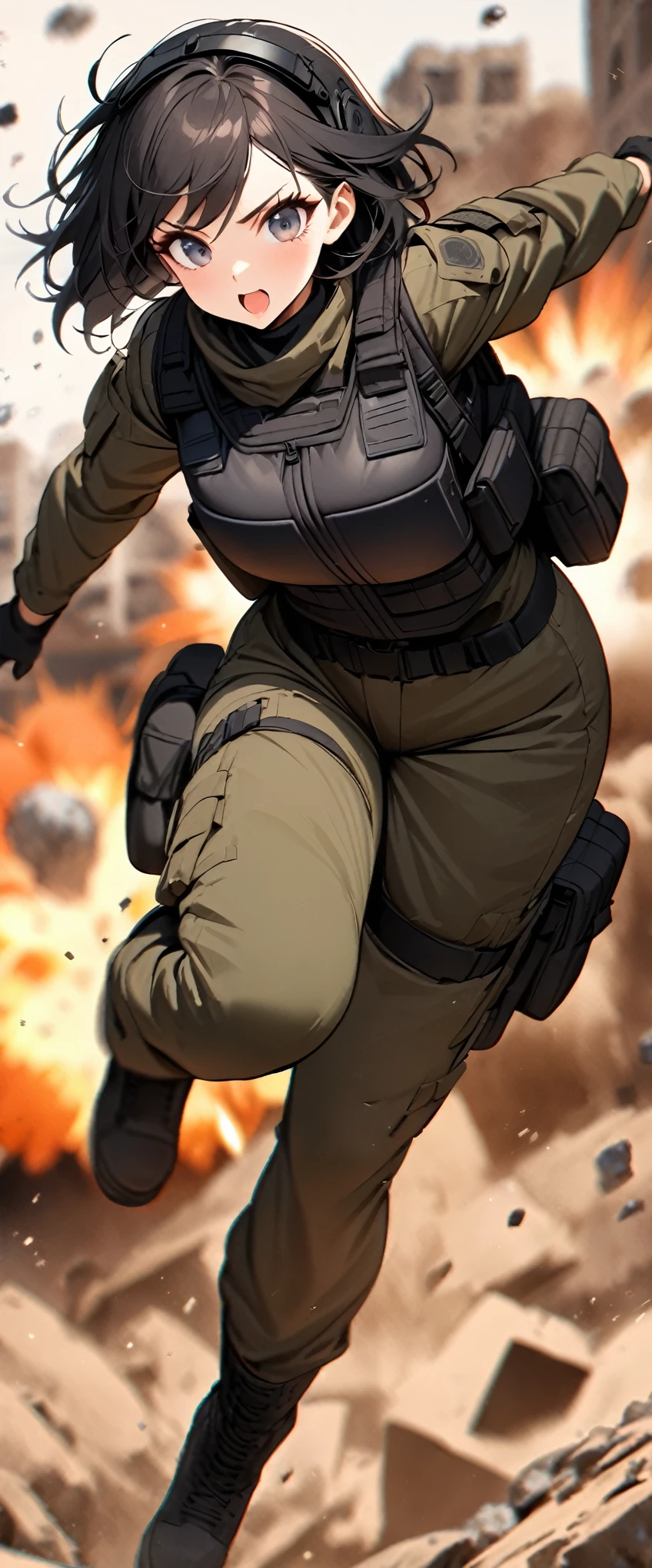 (masterpiece),(Highest quality),(High resolution),(Very detailed),One Woman,Japanese,Black Hair,Short Bob,Beautiful Eyes,Long eyelashes,Beautiful Hair,Beautiful Skin,strict,whole body,break(((Huge explosion behind woman))),Jump to escape the explosion,(Dynamic Movement),((Small machine gun)),SWAT Uniforms,Black bulletproof vest, Combat Boots,Black Tactical Forster,Tactical Headset,Tactical Helmet,(The background is the rubble of ruins),(((Background Blur)))