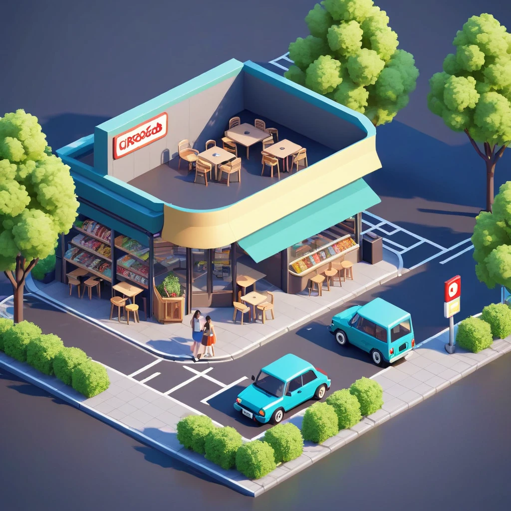 Convenience store,cafes,bookshops,Outdoor dining tables and chairs,crossroads,car,PARKING LOT,Isometric Art, 3D Isometric, Isometric pixel art,Simple background,MG_ip