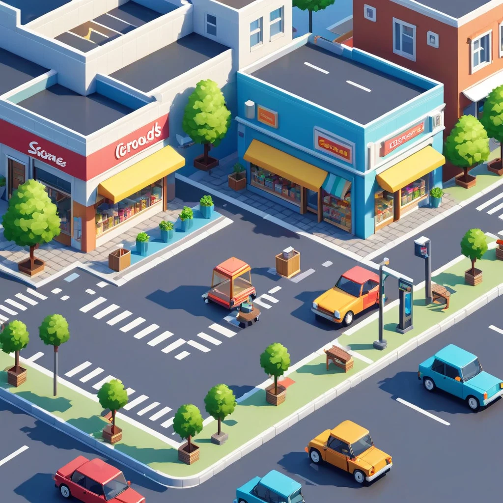 Convenience store，cafes，bookshops，Outdoor dining tables and chairs，crossroads，car，PARKING LOT，Isometric Art, 3D Isometric, Isometric pixel art，Simple background，MG_ip