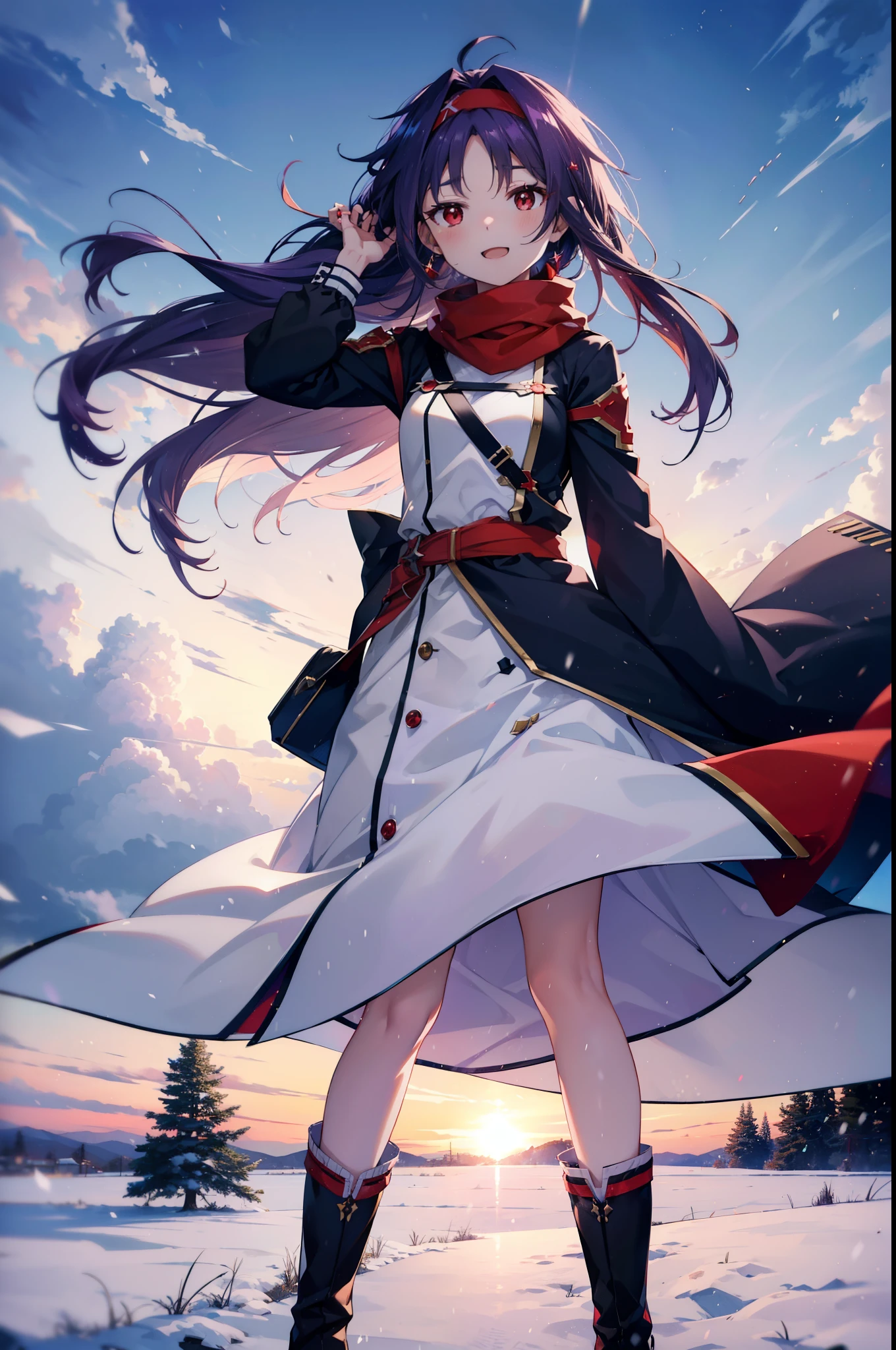 yuukikonno, Konno Yuuki, Long Hair, Pointed Ears, Purple Hair, (Red eyes:1.5), (Small breasts:1.2), Open your mouth,happy smile, smile, Open your mouth,hair band,low ponytail,Red Scarf,Purple long coat,sweater,Long skirt,short boots,snowが降っている,snowが降り積もっている,snow,snow,snow,snow,winter,Cold night,Walking,whole bodyがイラストに入るように,Looking down from above,
break looking at viewer, whole body,
break outdoors, In town,
break (masterpiece:1.2), Highest quality, High resolution, unity 8k wallpaper, (figure:0.8), (Beautiful attention to detail:1.6), Highly detailed face, Perfect lighting, Highly detailed CG, (Perfect hands, Perfect Anatomy),