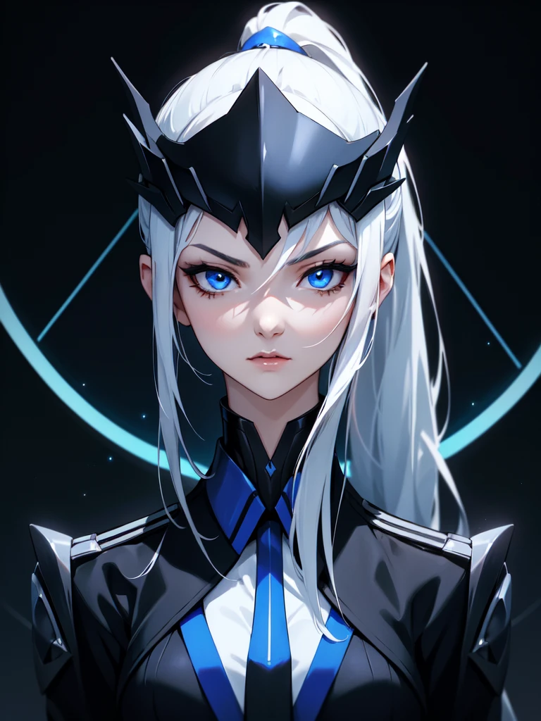 (((Portrait Photo))), She has a Striking, Confident 18-Year-Old Appearance, with a Sleek, Slim Build, an Elegant Figure, and a Determined Demeanor. She has Long, Silky White Hair, Tied in a High Ponytail, with Strands Falling Over Her Forehead. Her Blue Eyes Sparkle with a Cool and Focused Look, Reflecting a Sense of Precision and Calm Authority. She Wears a Black, High-Collared Suit, Adorned with Blue Accents and Metallic Details. (((High Quality, Dark Background))), (((Portrait Photo)))