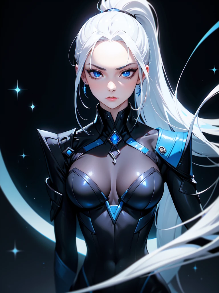 (((Portrait Photo))), She has a Striking, Confident 18-Year-Old Appearance, with a Sleek, Slim Build, an Elegant Figure, and a Determined Demeanor. She has Long, Silky White Hair, Tied in a High Ponytail, with Strands Falling Over Her Forehead. Her Blue Eyes Sparkle with a Cool and Focused Look, Reflecting a Sense of Precision and Calm Authority. She Wears a Black, High-Collared Suit, Adorned with Blue Accents and Metallic Details. (((High Quality, Dark Background))), (((Portrait Photo)))