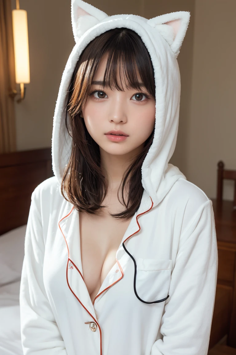 one girl, (a beauty girl, delicate girl:1.3), (Age 25:1.3),
break, (White fluffy kigurumi pajamas, Cat costume:1.2), (Upper Body:1.2),
break, Definition of very fine particles, (Symmetrical eyes:1.3),
break, (Bedroom:1.3), 
break, Small breasts, Brown eyes, Parted bangs, Brown Hair,  girl,
break, (Eye and facial details:1.0),
break, (masterpiece, Highest quality, Very detailed, Detailed face, 8k)、Upper Bodyは裸、Nipples sticking out、 (Upper Bodyは裸)、 (Nipples sticking out)