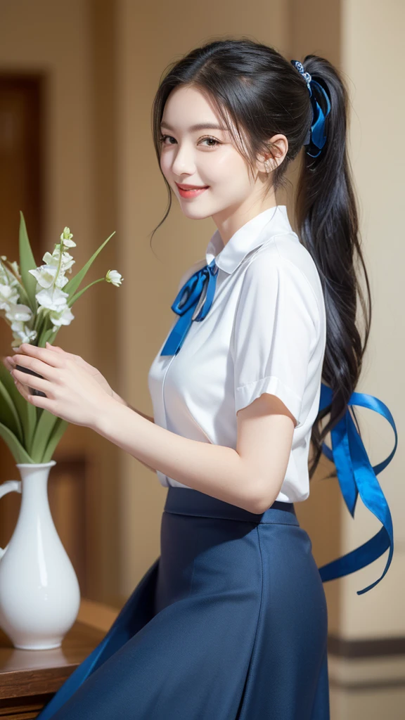 masterpiece, Highest quality, High resolution, Very detailed, Detailed Background,(Fraurem Chrome, (Black Hair, Semi-long hair, Blue ribbon in ponytail),(White blouse, Blue short ribbon tie, Blue long skirt), small, Neat, Iris,study, A kind smile), Scale out, Chic study, vase