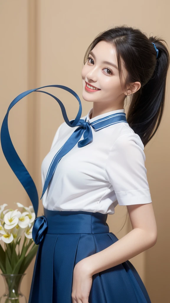 masterpiece, Highest quality, High resolution, Very detailed, Detailed Background,(Fraurem Chrome, (Black Hair, Semi-long hair, Blue ribbon in ponytail),(White blouse, Blue short ribbon tie, Blue long skirt), small, Neat, Iris,study, A kind smile), Scale out, Chic study, vase