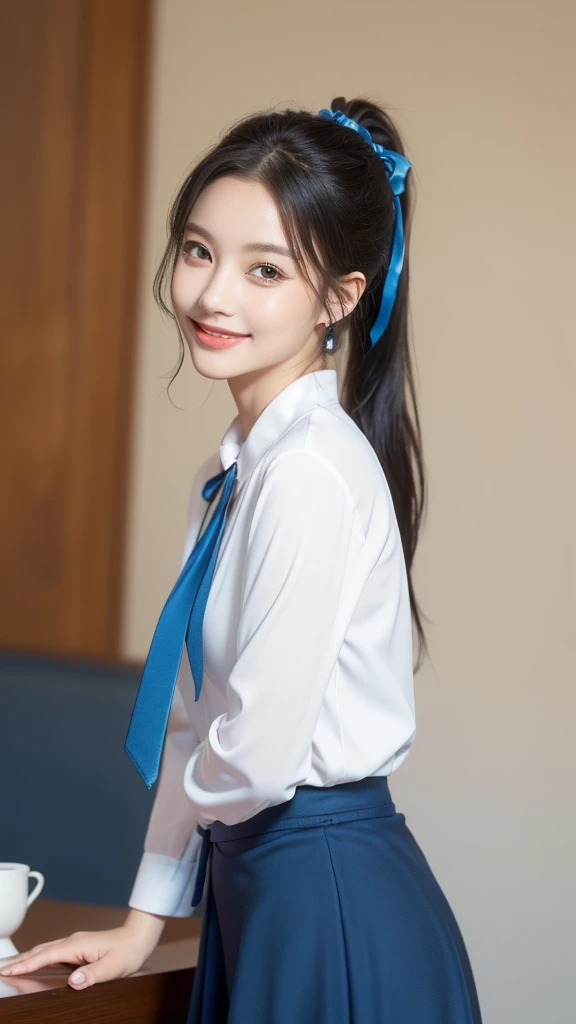 masterpiece, Highest quality, High resolution, Very detailed, Detailed Background,(Fraurem Chrome, (Black Hair, Semi-long hair, Blue ribbon in ponytail),(White blouse, Blue short ribbon tie, Blue long skirt), small, Neat, Iris,study, A kind smile), Scale out, Chic study, vase