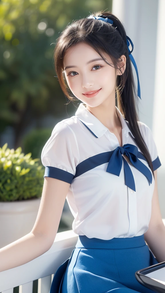 1young girls, (extremely detailed beautiful face), Smile happily, (Best Quality:1.4), (Ultra-detailed), (extremely detailed CG unified 8k wallpaper), Highly detailed, High-definition raw color photos, Professional Photography, Realistic portrait, Cinematic Light, Bangs, (High School Uniform, Pleated mini-skirt:1.3), smile, ((forest)), ((hot spring, onsen)), (flower garden), (lots of wildflowers:1.5), sitting, (view from below),
