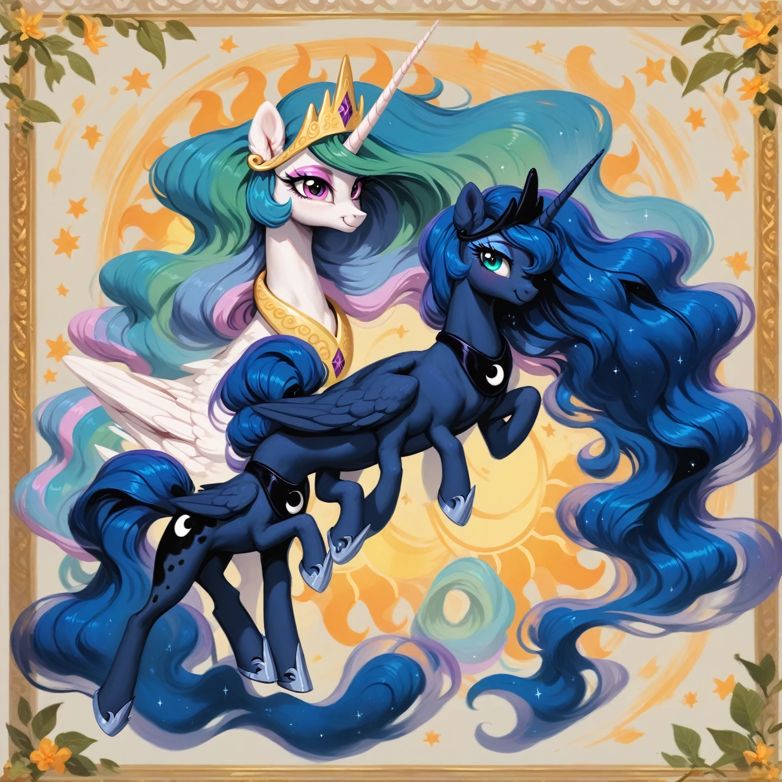 score_9, score_8_up, score_7_up, score_6_up, score_5_up, score_4_up, rating_safe, feral pony, princess luna and Celestia, fluffy ears, smile, beautiful, pretty, eyeshadow, starry eyes, long mane，only 4 legs