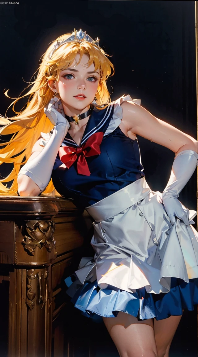 masterpiece, Highest quality, Portraiture, One Girl, (Alice in Wonderland:1.2), anime,Blue clothes, White apron, Blonde, blue eyes, Usagi, Trump, Tea cup, White lace thigh high socks, Miniskirt lift, Dynamic pose,Electro SwingThe main character is Usagi Tsukino, a clumsy and seemingly ordinary teenage girl who discovers that she is the reincarnation of Sailor Moon, the legendary warrior of love and justice. Usagi is joined by other Sailor Guardians, including Sailor Mercury, Sailor Mars, Sailor Jupiter, and Sailor Venus, each of whom possesses unique powers and abilities. Together, they fight evil forces, protect the world from various threats, and search for the Moon Princess. cybermisty, blonde hair, make up, green eyes, choker, jewellery, wearing a purple sweater, ripped jeans, pants, looking at viewer, serious, smiling,
standing, arms crossed, inside a pawn shop, counter, soft lighting, extreme detail, masterpiece, 　girl, sweat, medium breast, shy, detailed hand, looking at viewer, lips apart, dynamic shadows (highest quality, 8k, 32k, masterpiece, 超High resolution:1.2), (RAW Photos), (Realistic), (photoRealistic:1.2), (High resolution), Large file size, Very detailed, a7SIII., serafuku, masterpiece、3D、Realistic、Ultramicrograph、Detailed and best quality、Very detailed CG Unity 8k wallpaper、full:1.3、stand、From below、Intricate details、(1 female,housewife)、24-years-old、Dynamic English、((HD Real, Same 1 level)), とてもRealistic, masterpiece, highest quality, High resolution, Same 1, space, Stunning beauty, Upper body photo shoot, 1 girl, chest, gloves, lips, alone, Sailor Venus, Bright Blue Eyes,  uniform, Show more1, tiara, Sailor Senshi uniform, (RAW Photos, highest quality), masterpiece, 浮かぶblondeの長い髪, Red ribbon on the back of the head, orangeセーラーカラー, bow, choker, 白いgloves, orange choker, elbow gloves, jewelry, Earrings, orange skirt, only, whole body, blonde, (Perfect hands): 3.8, Octane Rendering, Goddess of Love, (close: 1.2) beautiful, fine grain, close, Small e