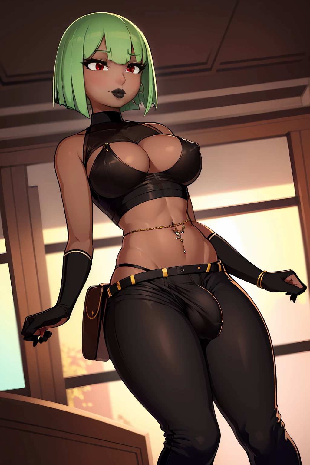 (solo:1.1),(masterpiece), (best quality:1.3), highly detailed, intricate, professional art, digital art, absurdres, confidant, emerald sustrai, futanari emerald sustrai wearing a crop top with arm gloves and pants confidently in a club,(Black see through top:1.4), (pants:1.6), 1girl, solo, (dark skin:1.5), green hair, bob hair, gold hoop earrings, gold jewellery, ab lines,(gold navel piercing:1.1), detailed stomach, red eye colour, dark skin, average breasts, (aroused:1.2), (futanari:1.1), (wide hips:1.4), (makeup 1:1), beestung lips, (black lipstick:1.3), large penis, panty straps riding hips, (large crotch bulge:1.4), crotch bulge, large testicles , furniture, fontal view, universal lighting
