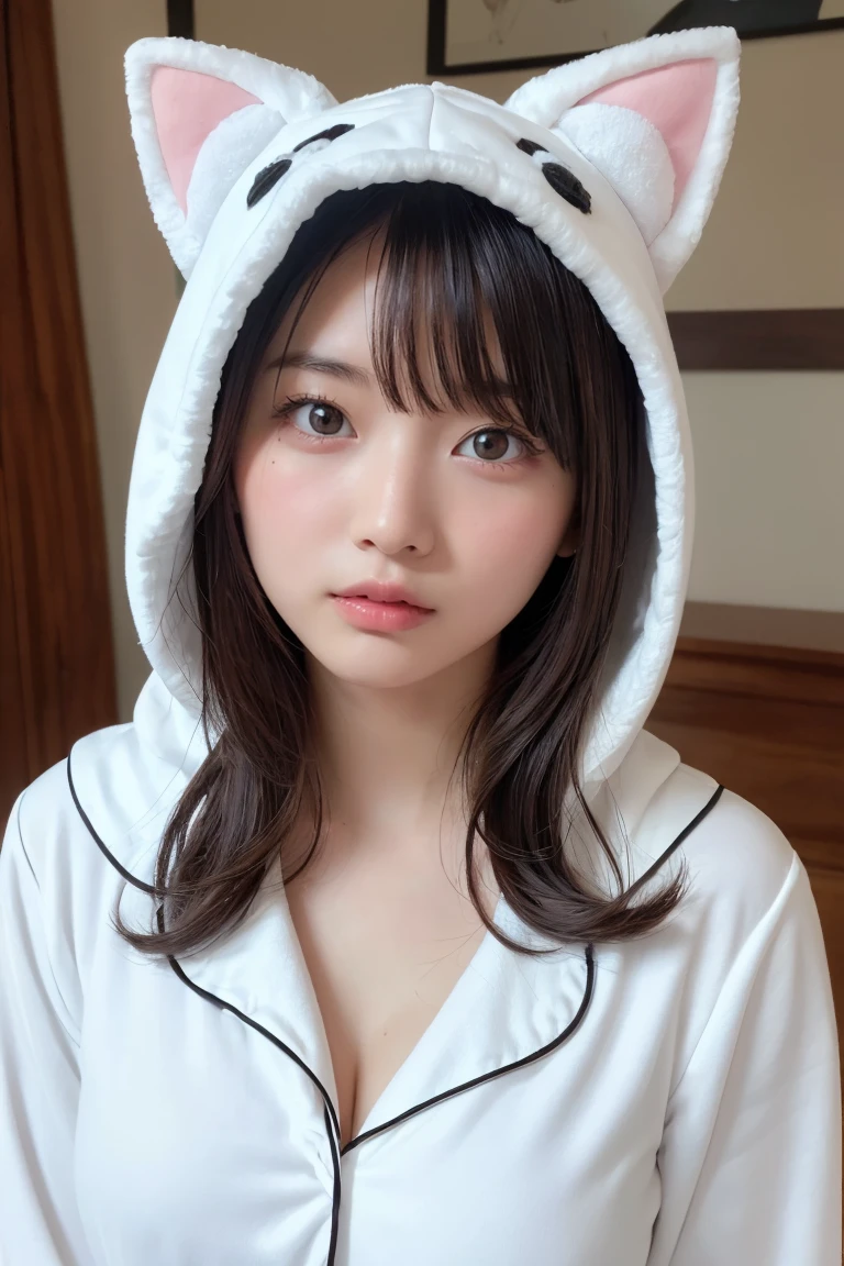 one girl, (a beauty girl, delicate girl:1.3), (Age 25:1.3),
break, (White fluffy kigurumi pajamas, Cat costume:1.2), (Upper Body:1.2),
break, Definition of very fine particles, (Symmetrical eyes:1.3),
break, (Bedroom:1.3),
break, Small breasts, Brown eyes, Parted bangs, Brown Hair, girl,
break, (Eye and facial details:1.0),
break, (masterpiece, Highest quality, Very detailed, Detailed face, 8k)、Upper Bodyは裸、Nipples sticking out、 (Upper Bodyは裸)、 (Nipples sticking out)