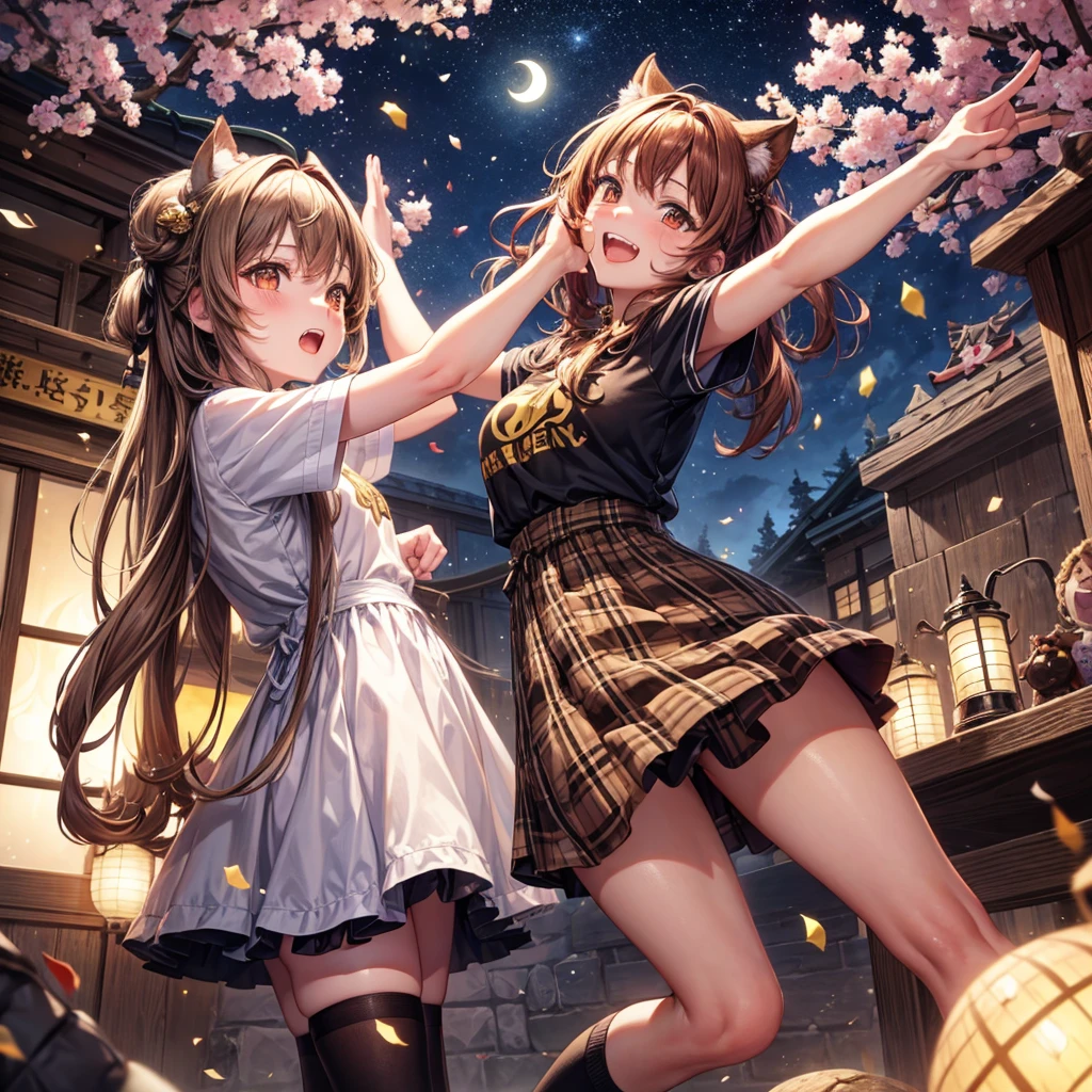 Brown and gold hair、Red gold eyes、Hair tied up、One good looking girl、solo、anime、Checkered mini skirt、T-Shirts、Black knee-high socks、Teeth are visible、Starry Sky、Midnight Moon、Confetti、A large cherry tree growing on the top of a rocky mountain、Home々、Light is flowing、Wearing a bell、Pulling at the thread