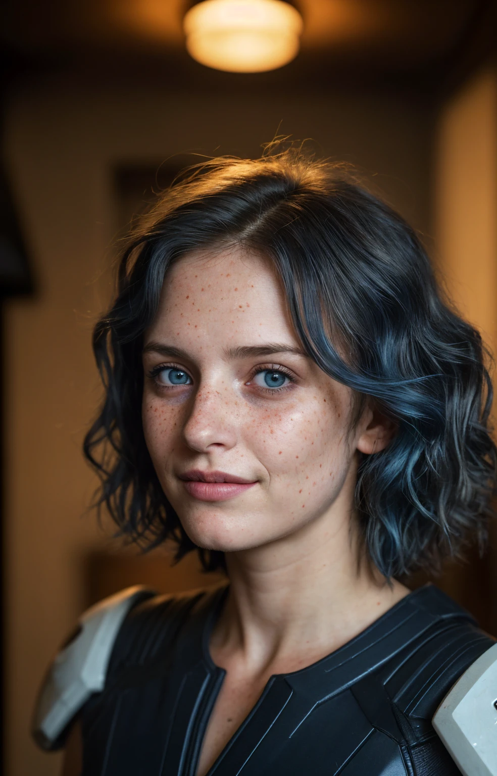 Reflector light , Masterpiece, Realistic, art of ANNIE LEIBOVITZ, Textured skin , Highest-quality , High Detailed photo , 8k, Canon EF 50mm f/1.8 STM (editorial photograph of a 25 year old woman), (highly detailed face:1.4) (smile:0.7) (background inside dark, moody, private study:1.3) ,rich colors, hyper realistic ,lifelike texture, dramatic lighting , cinestill 800, wavy hair, messy hair, short hair, mischievous smirk, Blue hair, freckles, Blue eyes, white skin, Technocratic Union, Sci Fi, Halo Suit, masterpiece, european woman, european skin, european expression, selfie