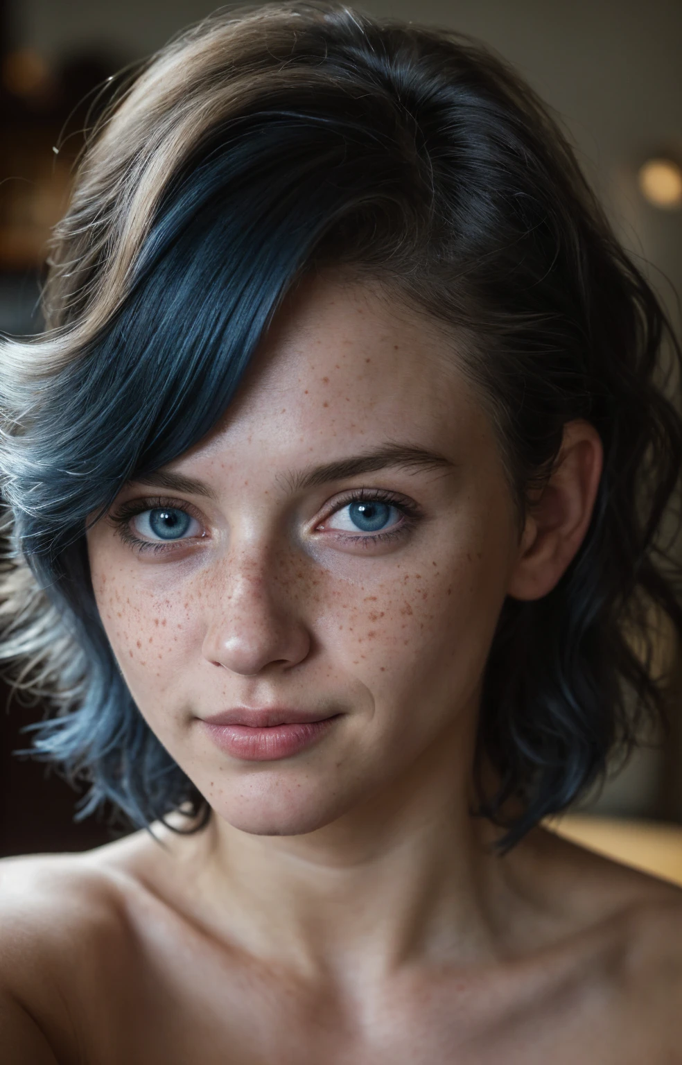 Reflector light , Masterpiece, Realistic, art of ANNIE LEIBOVITZ, Textured skin , Highest-quality , High Detailed photo , 8k, Canon EF 50mm f/1.8 STM (editorial photograph of a 25 year old woman), (highly detailed face:1.4) (smile:0.7) (background inside dark, moody, private study:1.3) ,rich colors, hyper realistic ,lifelike texture, dramatic lighting , cinestill 800, wavy hair, messy hair, short hair, mischievous smirk, Blue hair, freckles, Blue eyes, white skin, Technocratic Union, Sci Fi, Halo Suit, masterpiece, european woman, european skin, european expression, selfie