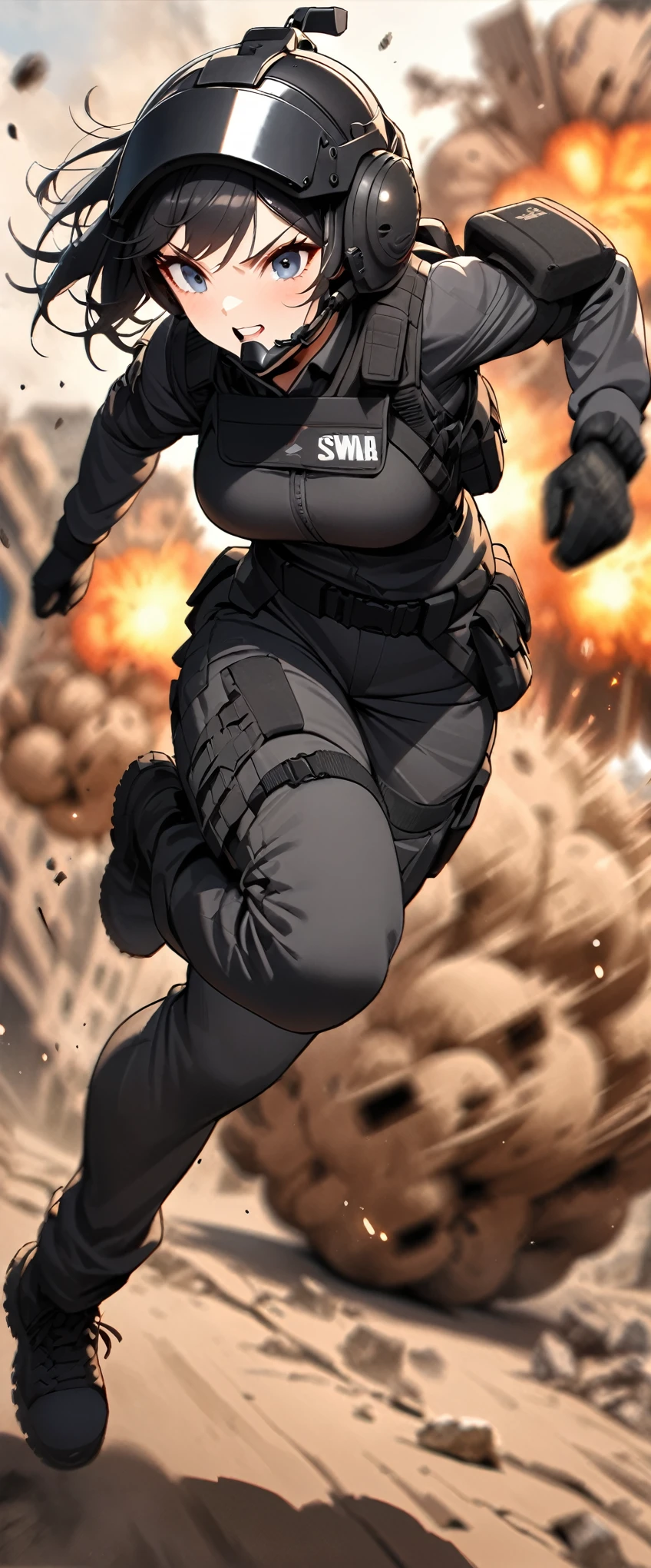 (masterpiece),(Highest quality),(High resolution),(Very detailed),One Woman,Japanese,Black Hair,Short Bob,Beautiful Eyes,Long eyelashes,Beautiful Hair,Beautiful Skin,strict,whole body,break(((Huge explosion behind woman))),narrowly escape the explosion,(Dynamic Movement),((Small machine gun)),SWAT Uniforms,Black bulletproof vest, Combat Boots,Black Tactical Forster,Tactical Headset,Tactical Helmet,(The background is the rubble of ruins),(((Background Blur)))