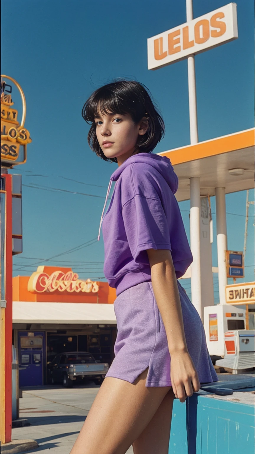 photo cinematic photograph long shot portraits by Wes Anderson, cute 23 yo girl ,fokus, bokeh ,wear ((orange color oversized_hoodie)), wear ((purple tennis skirt)),looking front,Best Quality,Masterpiece,Ultra High Resolution,(Realisticity:1.4),Original Photo, 1Girl, light ????,ultra high resolution,UHD,beautiful, (black bob hair), almond eye, no makeup, in front of ((80's colorful los angles gas station)), (realistic:1.2), (surreal:1.3), (very detailed:1.1), ((masterpiece)),summer, blue sky, palm trees,sunny, los angles vibes,film camera, 800mm lens,style of Philip Lorca diCorcia