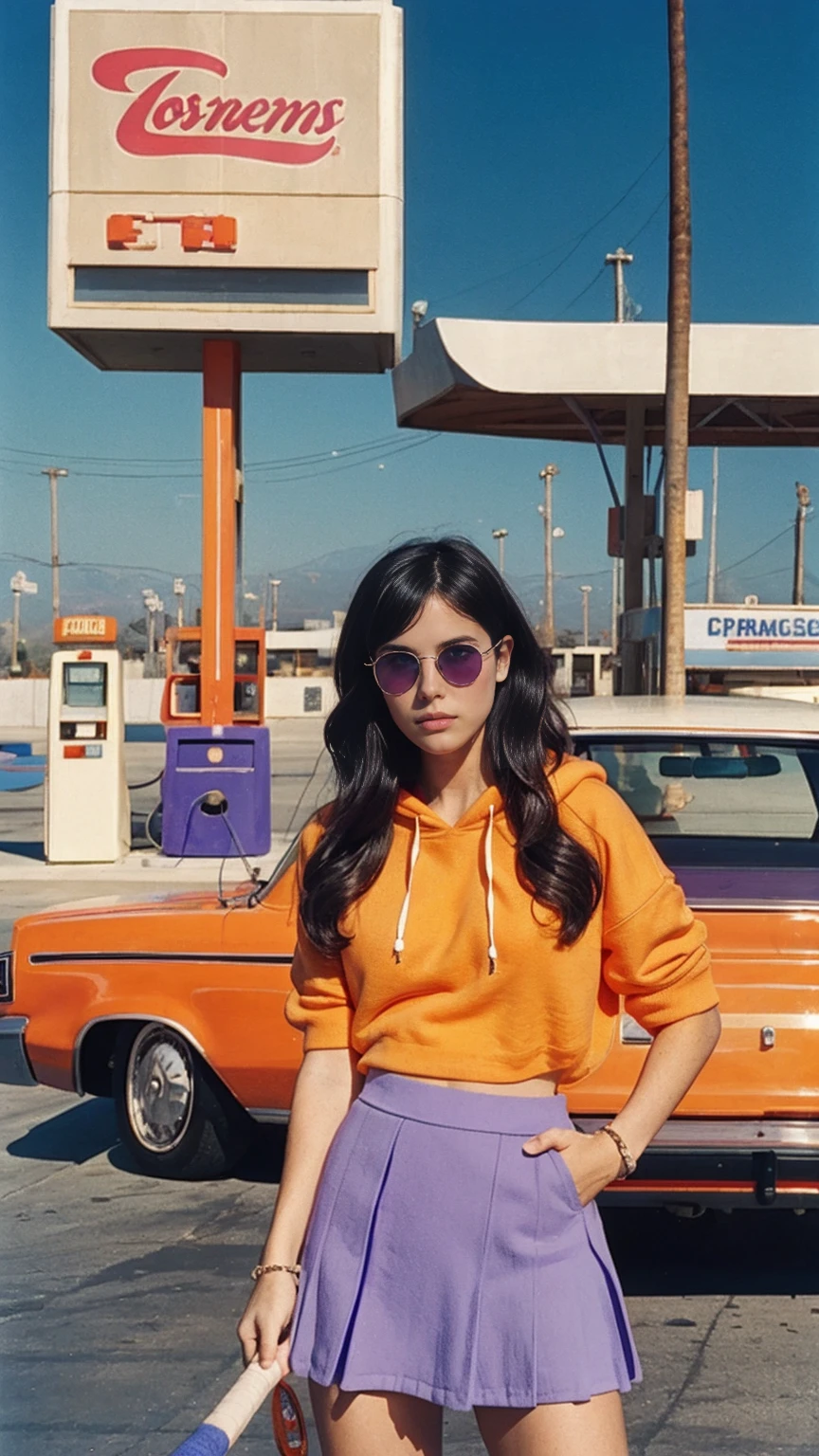  photo cinematic photograph long shot portraits by Wes Anderson, cute 23 yo girl ,fokus, bokeh ,wear ((orange color oversized_hoodie)), wear ((purple tennis skirt)),looking front,Best Quality,Masterpiece,Ultra High Resolution,(Realisticity:1.4),Original Photo, 1Girl, light leak,ultra high resolution,UHD,beautiful, (black bob hair), almond eye, no makeup, in front of ((80's colorful los angles gas station)), (realistic:1.2), (surreal:1.3), (very detailed:1.1), ((masterpiece)),summer, blue sky, palm trees,sunny, los angles vibes,film camera, 800mm lens,style of Philip Lorca diCorcia
