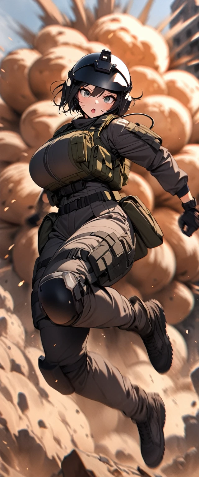 (masterpiece),(Highest quality),(High resolution),(Very detailed),One Woman,Japanese,Black Hair,Short Bob,Beautiful Eyes,Long eyelashes,Beautiful Hair,Beautiful Skin,strict,whole body,break(((Huge explosion behind woman:1.3))),narrowly escape the explosion,(Dynamic Movement),((Small machine gun)),SWAT Uniforms,Black bulletproof vest, Combat Boots,Black Tactical Forster,Tactical Headset,Tactical Helmet,(The background is the rubble of ruins),(((Background Blur)))