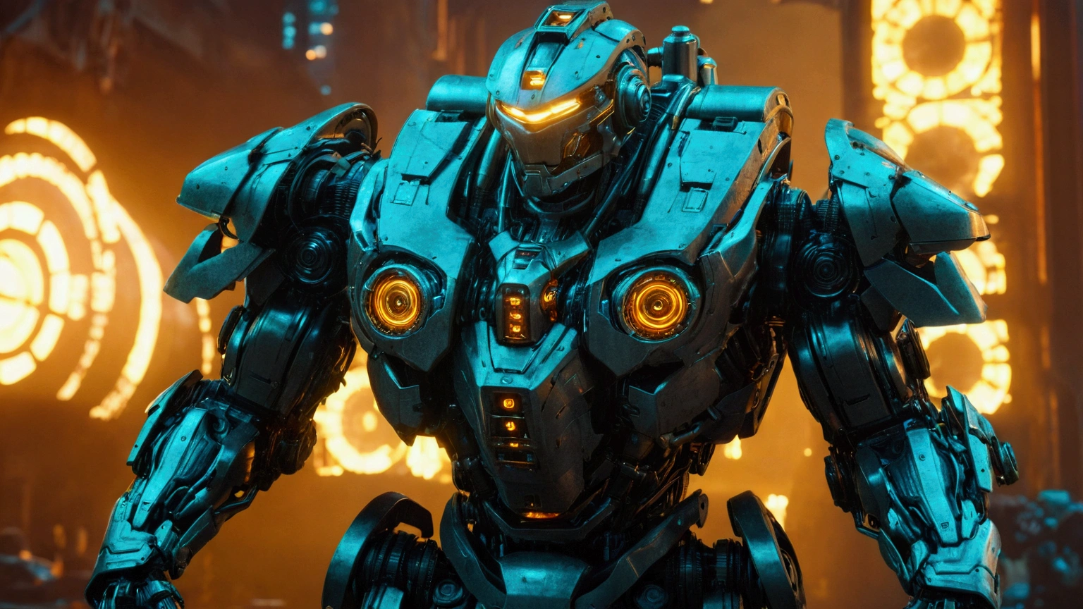 a huge futuristic robot,giant mech warrior,massive battle armor,extremely detailed metal body,gears and machinery,glowing energy core,cyberpunk style,epic cinematic lighting,dynamic fighting pose,intense action scene,dramatic sci-fi atmosphere,vibrant colors,highly detailed,photorealistic,8k,masterpiece