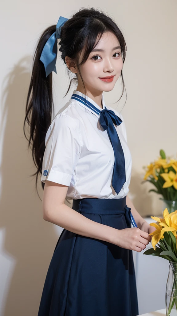 masterpiece, Highest quality, High resolution, Very detailed, Detailed Background,(Fraurem Chrome, (Black Hair, Semi-long hair, Blue ribbon in ponytail),(White blouse, Blue short ribbon tie, Blue long skirt), small, Neat, Iris,study, A kind smile), Scale out, Chic study, vase