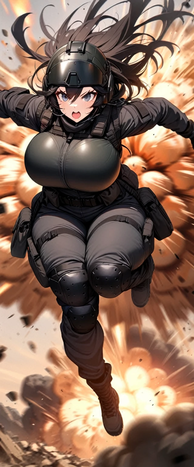 (masterpiece),(Highest quality),(High resolution),(Very detailed),One Woman,Japanese,Black Hair,Short Bob,Beautiful Eyes,Long eyelashes,Beautiful Hair,Beautiful Skin,strict,whole body,break(((Huge explosion behind woman:1.4))),Jump to escape the explosion,(Dynamic Movement),((Small machine gun)),SWAT Uniforms,Black bulletproof vest, Combat Boots,Black Tactical Forster,Tactical Headset,Tactical Helmet,(The background is the rubble of ruins),(((Background Blur)))