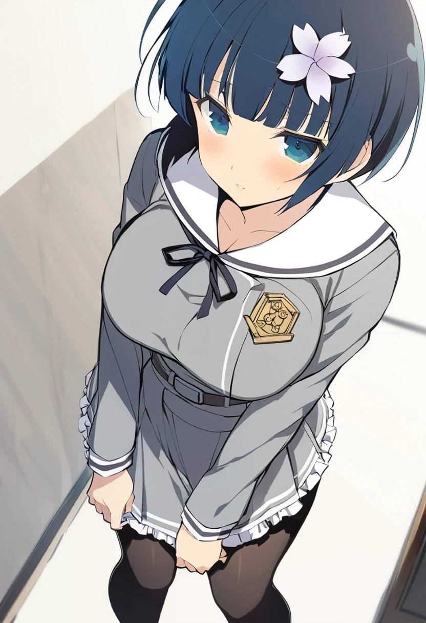 masterpiece, best quality, 
yozakura (senran kagura), 1girl, solo, short hair, blue hair, blue eyes, large breasts, hair ornament, hair flower, 
flower, emblem, 
white background, looking at viewer, 

Yozakura_School, , white sailor collar, grey jacket, black buttons, grey skirt, skirt frills, neck ribbon, grey belt, black pantyhose, grey loafers, 