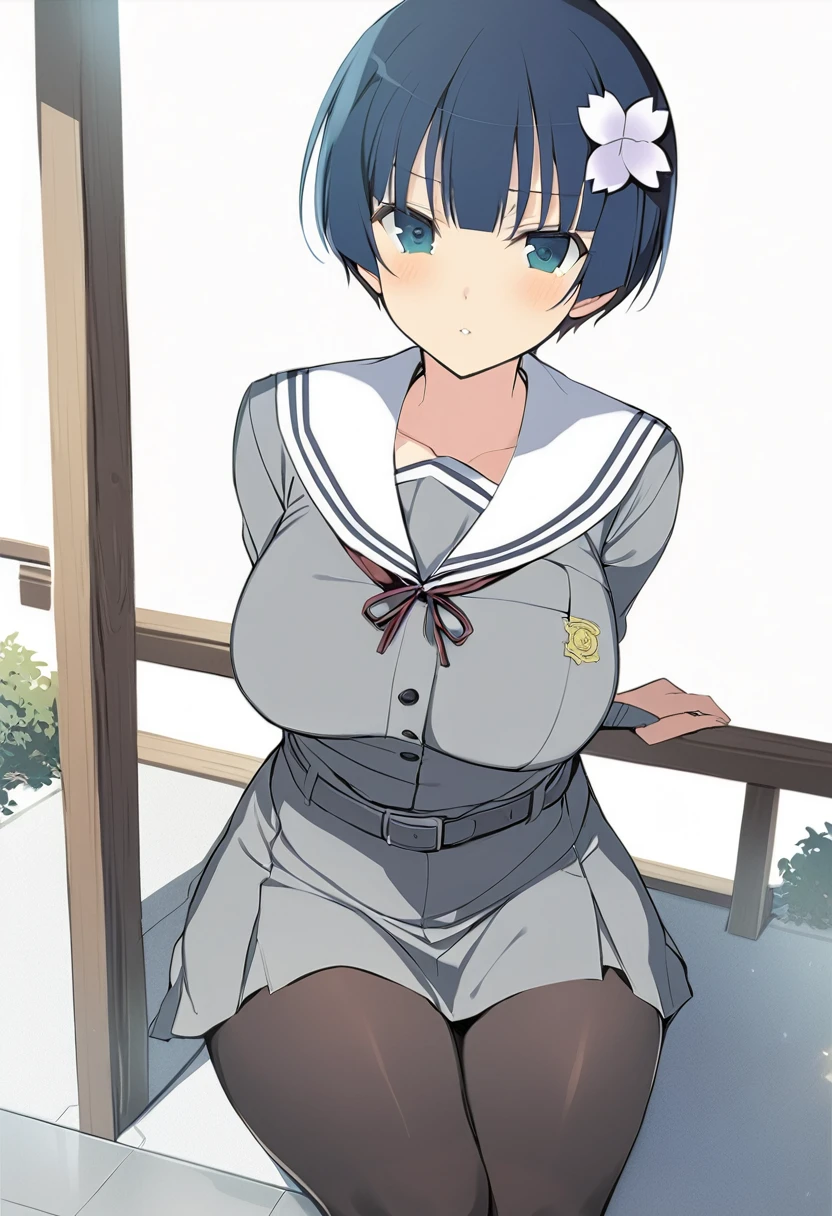 masterpiece, best quality,
yozakura (senran kagura), 1girl, solo, short hair, blue hair, blue eyes, large breasts, hair ornament, hair flower,
flower, emblem,
white background, looking at viewer,
Yozakura_School, , white sailor collar, grey jacket, black buttons, grey skirt, skirt frills, neck ribbon, grey belt, black pantyhose, grey loafers,