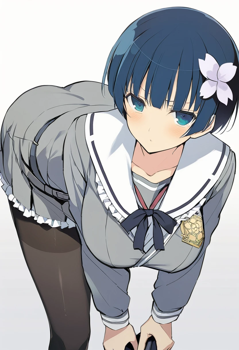 masterpiece, best quality, 
yozakura (senran kagura), 1girl, solo, short hair, blue hair, blue eyes, large breasts, hair ornament, hair flower, 
flower, emblem, 
white background, looking at viewer, 

Yozakura_School, , white sailor collar, grey jacket, black buttons, grey skirt, skirt frills, neck ribbon, grey belt, black pantyhose, grey loafers, 