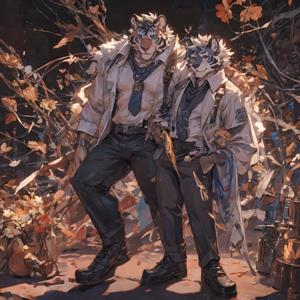 {{bara extremely handsome white tiger,}} {{white fur,}} white, wearing elegant ornate suit jacket, trousers, white dress shirt and necktie, white fluffy furry body and limbs, loafers, very tall, very broad shoulders, narrow waist, muscular arms, massive pecs, purple eyes, very long legs, massive bulge, sophisticated hot look, 3/4 view, best quality, high detail, CG image, character splash art, silver earring on left ear, sultry smirk
