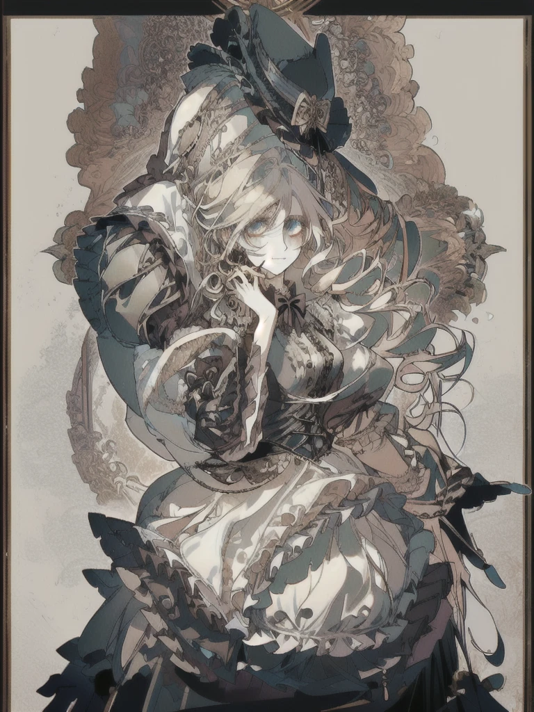 There is a woman wearing a black skirt and a white shirt., Detailed steampunk dress, Formal wear, Victorian dress, Baroque Dress, black Victorian dress, Black Gothic ta Dress, historical Baroque Dress dark, Very detailed and luxurious garment, full costume, Victorian Gothic Loliashion, Victorian style costume, Gothic Dress, Frills, Black Rococo, Gothic Costume