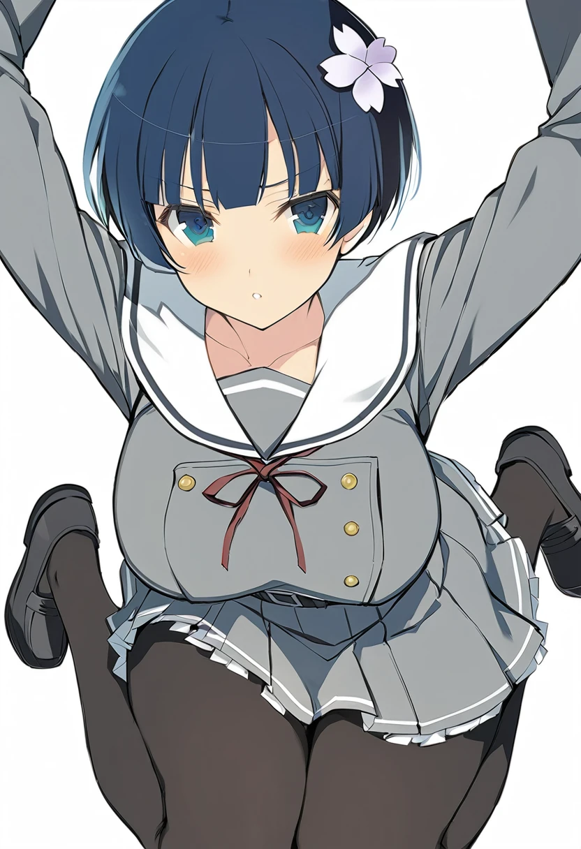 masterpiece, best quality, 
yozakura (senran kagura), 1girl, solo, short hair, blue hair, blue eyes, large breasts, hair ornament, hair flower, 
flower, emblem, 
white background, looking at viewer, 

Yozakura_School, , white sailor collar, grey jacket, black buttons, grey skirt, skirt frills, neck ribbon, grey belt, black pantyhose, grey loafers, 