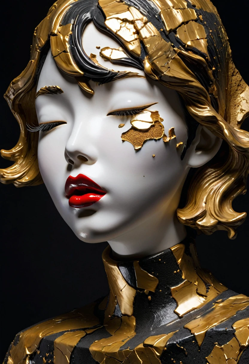 (facial expressions of cheek bulge puckered lips),Perfect eyes,((exhibit,Still Life Table,Artistic statues,3D Sculpture,ceramics,Surface cracks,Shattered Texture)), Show the beauty of nature.Kaneko,Gold Dust,portrait, This artwork is presented on a black background,Emphasize its artistic quality.