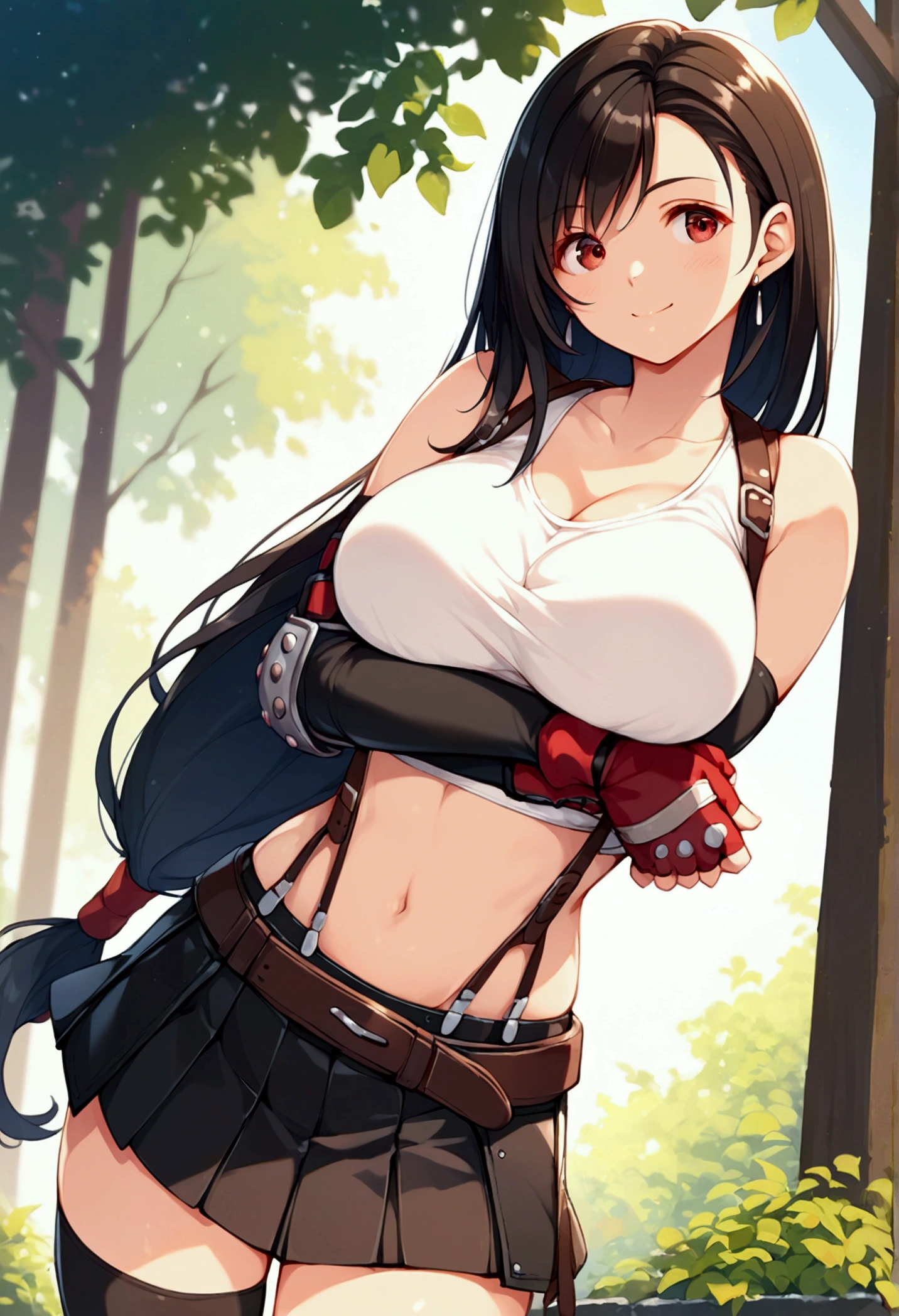 (score_9, score_8_up, score_7_up),,BREAK , ,dynamicangle,,breast focus,,standing, upperbody,breast hold　,Solo ,1girl, tifa lockhart, final fantasy, tareme,black hair, low-tied long hair, red eyes, bangs, (white tank top, belt, pleated skirt, thighhighs, elbow fingerless gloves, elbow pads, midriff, navel,suspender skirt) ,(large_breast),(light smile),daytime,outdoor,(ultra detailed),(best quality),(aesthetic,very aesthetic),UHD,extremely detailed CG unity 8k wallpaper,depth of field,,,detailed face and eyes