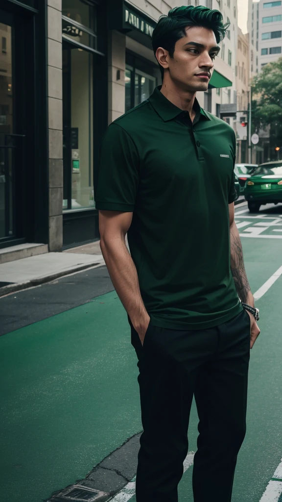 a man in a green shirt and black pants standing on a sidewalk, green and black, black and green, green and black colors, green shirt, wearing green, wearing green clothing, with teal clothes, casual green clothing, in a dark green polo shirt, in a dark teal polo shirt, green and black color scheme, green clothes, dark green tones