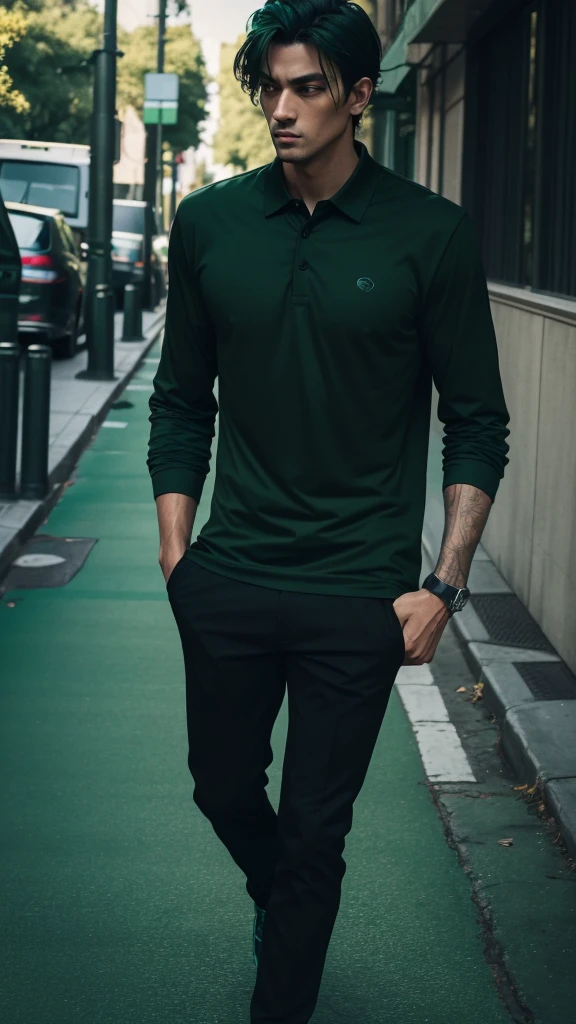 a man in a green shirt and black pants standing on a sidewalk, green and black, black and green, green and black colors, green shirt, wearing green, wearing green clothing, with teal clothes, casual green clothing, in a dark green polo shirt, in a dark teal polo shirt, green and black color scheme, green clothes, dark green tones