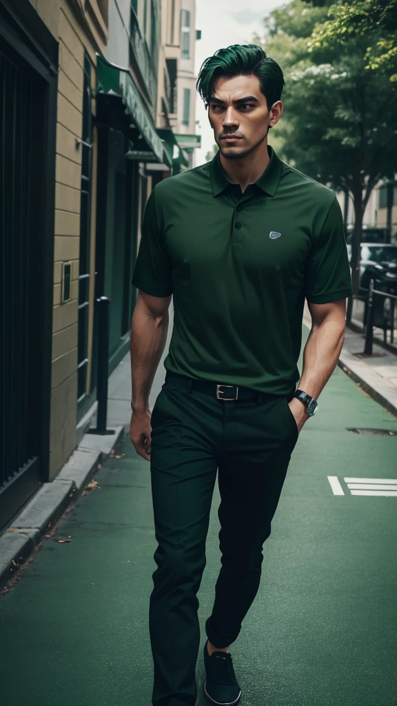 a man in a green shirt and black pants standing on a sidewalk, green and black, black and green, green and black colors, green shirt, wearing green, wearing green clothing, with teal clothes, casual green clothing, in a dark green polo shirt, in a dark teal polo shirt, green and black color scheme, green clothes, dark green tones