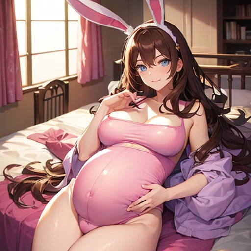 Beautiful, sexy, pregnant queen, wavy brown hair, blue eyes, tight pink bunny bodysuit, bunny ears