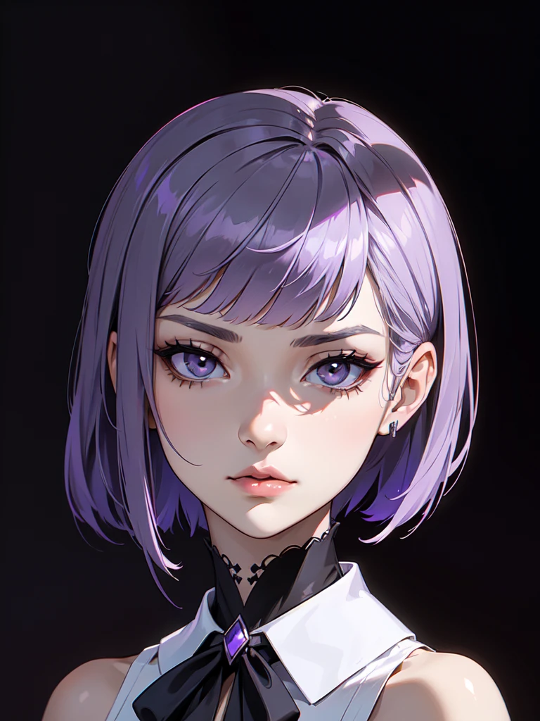 (((Portrait Photo))), She has an Elegant, Mysterious 18-Year-Old Appearance, with a Slender, Graceful Build and a Poised Demeanor. She has Short, Straight Lavender Hair that Falls Just Below Her Chin, with a Neat Fringe Parted to One Side. Her Deep Black Eyes Express a Thoughtful and Intense Look, Giving Off an Enigmatic Attitude. She Wears a Sleek Black and White Sleeveless Top with a High Collar, Adorned with a Purple Ribbon. (((High Quality, Dark Background))), (((Portrait Photo)))