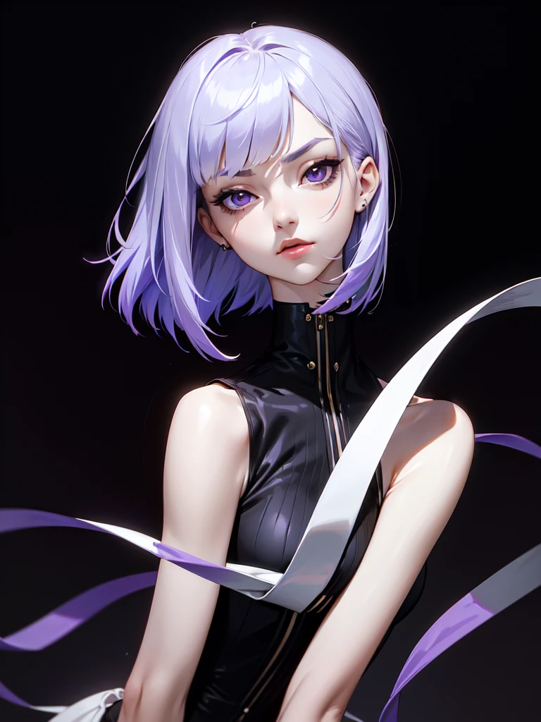 (((Portrait Photo))), She has an Elegant, Mysterious 18-Year-Old Appearance, with a Slender, Graceful Build and a Poised Demeanor. She has Short, Straight Lavender Hair that Falls Just Below Her Chin, with a Neat Fringe Parted to One Side. Her Deep Black Eyes Express a Thoughtful and Intense Look, Giving Off an Enigmatic Attitude. She Wears a Sleek Black and White Sleeveless Top with a High Collar, Adorned with a Purple Ribbon. (((High Quality, Dark Background))), (((Portrait Photo)))