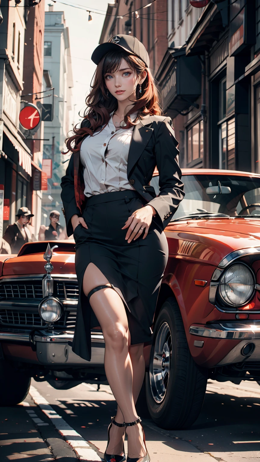 masterpiece, Pale skin, Red lips, Bright Eyes, eye shadow, Photographed from the front、A beautiful red-haired woman with medium curly hair、Standing on the street with a Thompson M1928A1 drum。, Behind her is a still green 1928 Cadillac Town Sedan., She is wearing a mafia suit in red and black colors, She has a mafia-style skirt and jacket draped over her shoulders, She also wears a hat, Garter holders and heels, Very detailedボディ, Detailed cars and clothing, Chiaroscuro, Natural light, Very detailed, She and the car focused on the image.